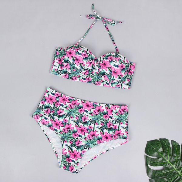 

floral print high waist swimsuit 2020 bikini push up swimwear women vintage biquini bathing suit maillot de bain femme, White;black