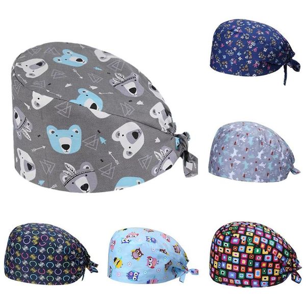 

bear leaf floral cotton adjustable sweat absorbant scrub cap bouffant hat, Blue;gray