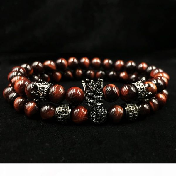 

i 2018 new men 's bracelet 2pcs set of luxury natural tiger eye stone cz crown charm jewelry bracelet holiday gift bracelet, Golden;silver