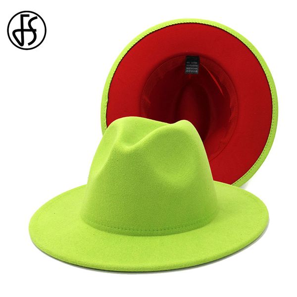 

fs trend lime green red patchwork women panama wool felt fedora hats ladies wide brim trilby cowboy hat fashion jazz cap, Blue;gray