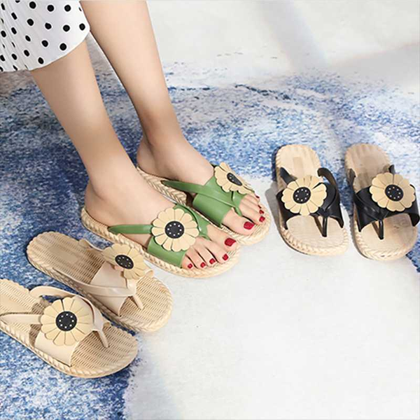

beach slippers sunflower platform sandals women casual flat flip flops summer shoes, Black