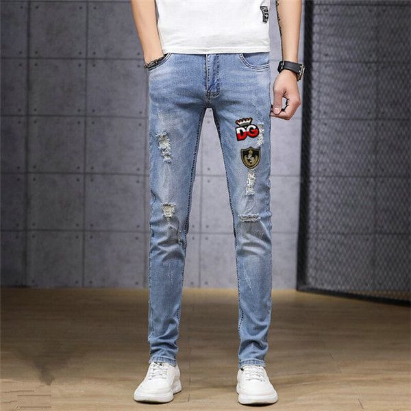 

motorcycle motorcycle rider men's jeans torn lapel slim fit hip-hop denim trousers embroidery men's motorcycle pants punk skinny j, Blue