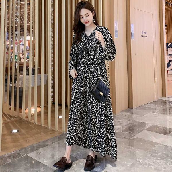 

autumn maternity nursing clothes vintage floral dress drawstring v-neck long flare sleeve postpartum women chiffon dress loose, White