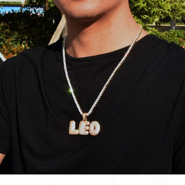 

custom name men's bubble letters pendants necklaces hip hop jewelry ice out cubic zircon with 4mm tennis gold silver chain
