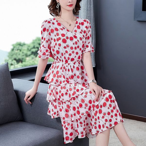 

middle-aged mother printed dress for women 2020 new noble western style 40-year-old broad lady chiffon cake skirt cake skirt, Black;gray