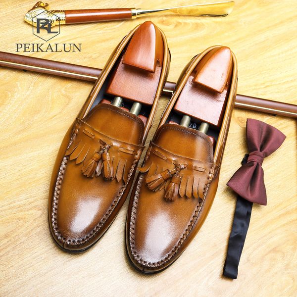 

powerful2020 doudou men's lazy trendy business casual tassel driving leather shoes, Black