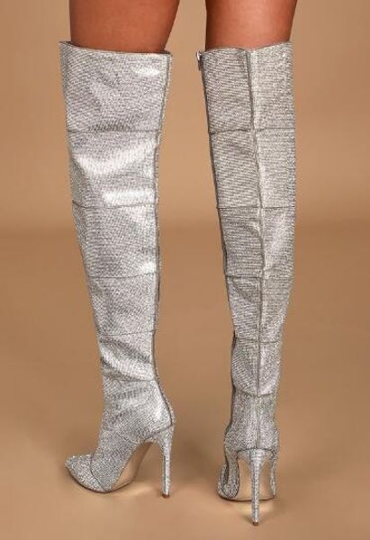 

linamong woman bling bling pointed toe rhinestone over the knee boots luxurious crystal pointed toe stiletto heels long boots, Black