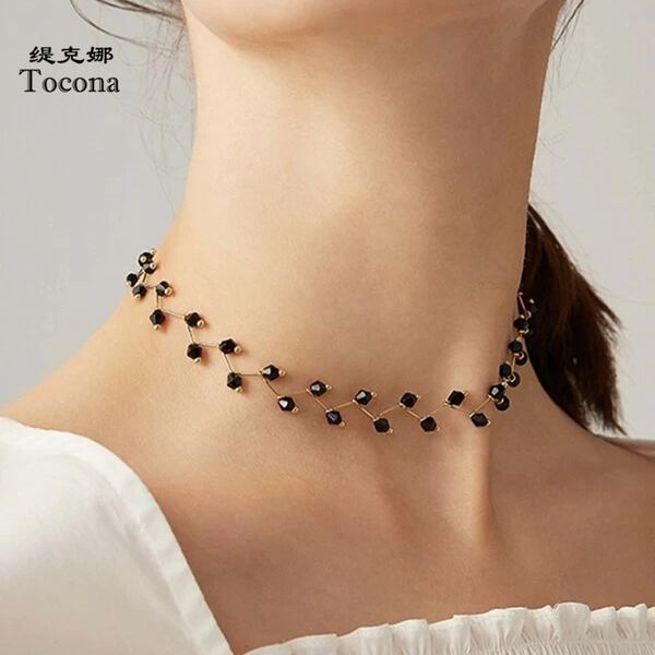 

korea black bead choker necklace for women trendy party exquisite different gold color chain jewelry wholesale 9476, Silver