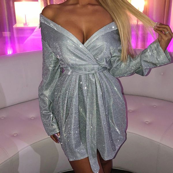 

2020 new fashion spring long sleeve v neck strapless silver sequins short mini dress with belt women mh670, Black;gray