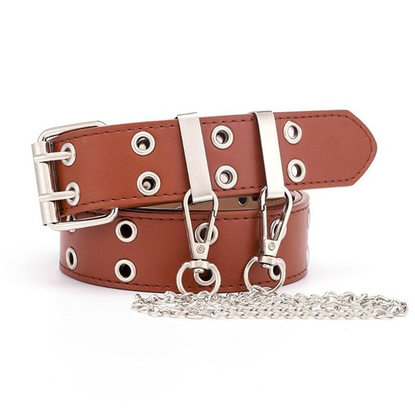 

fashion women punk waist belt adjustable dual row holes belt with chain hip-hop style decorative belts, Black;brown