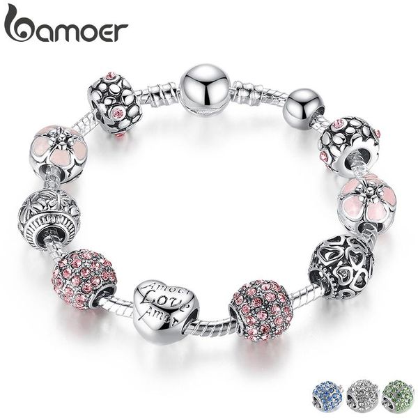 

bamoer antique silver charm bracelet & bangle with love and flower beads women wedding jewelry 4 colors 18cm 20cm 21cm pa1455, Black