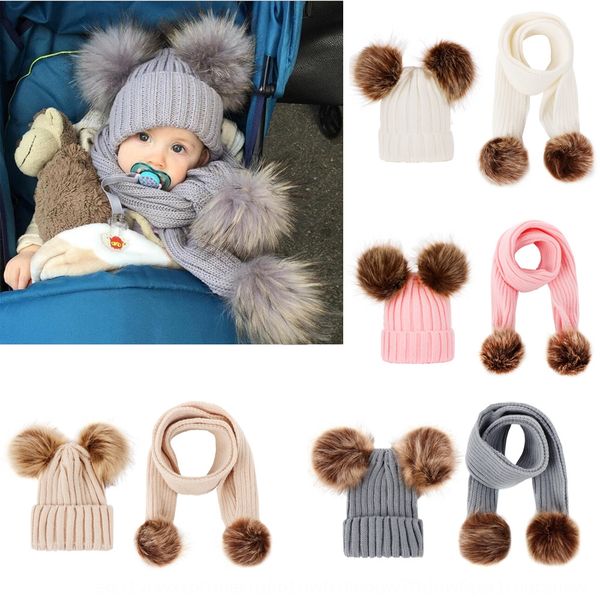 

ins baby knitted mao mao knitted super large imitation hat wool double ball wool hat winter scarf set, Blue;gray