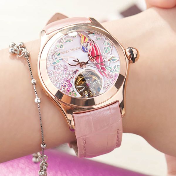 

reef tiger brand luxury women watches pink dial leather strap mechanical watch rose gold fashion watch reloj mujer rga7105, Silver