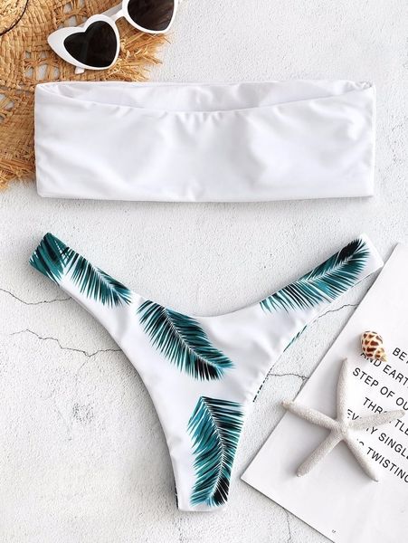 

women new leaf printed bandeau women bikini set strapless high cut brazilian biquinis swimwear cami swimsuit bathing suit, White;black