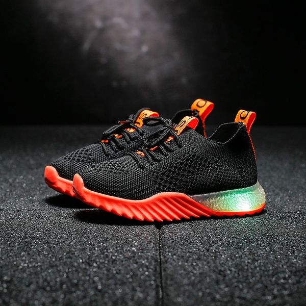 

children's autumn fashion casual solid color flying woven led sports light shoes for boys and girls sports shoes, Black