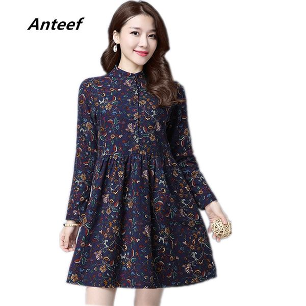 

long sleeve cotton linen vintage floral women casual loose mini autumn spring dress elegant vestidos clothes 2020 dresses, Black;gray