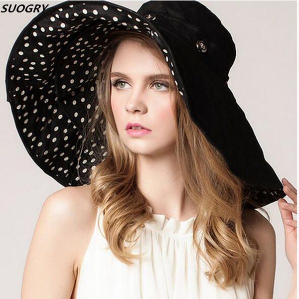 

suogry lady summer sun women folded wide dot printing cap large brim hat y200619, Blue;gray