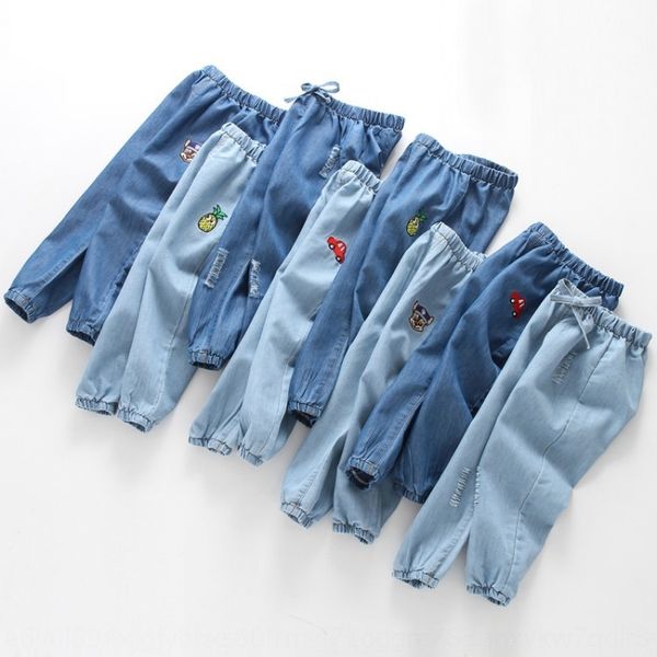 

p7frl denim anti-mosquito pants boys and children's girls cartoon embroidered light trousers 2020 summer korean style children's c, Blue