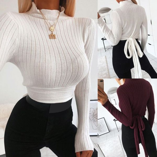 

women autumn long sleeve sweater turtleneck ribbed knitted pullover crop solid color bodycon fit tie back jumper, White;black