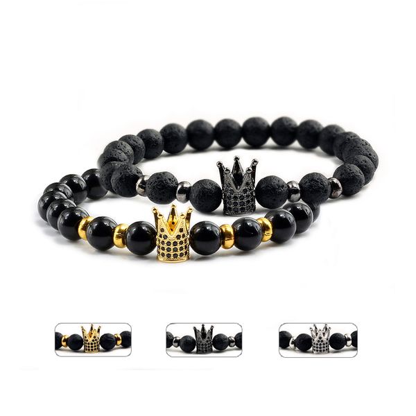 

fashion black lava natural stone volcanic rock beads strand bracelets trendy gold crown black bright bead bracelet dropshipping