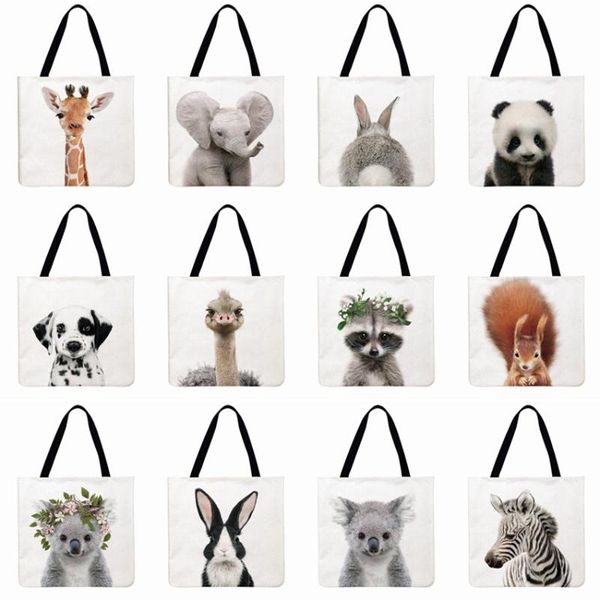 

women shoulder bag cute animal with flower printing tote bag linen febric casual tote reusable shopping foldable beach
