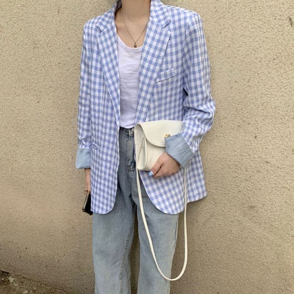 

women's suits & blazers women autumn blue and white plaid casual loose blazer jacket coat single breasted long suit full sleeve cardiga, White;black