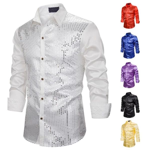 

men long sleeve solid color turn down collar shiny sequins shirt performance disco party shirt male halloween costume, White;black