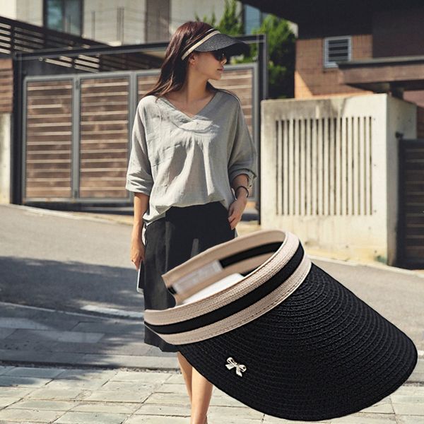 

korean style knitted children's parent-child bow beach straw butterfly straw women's sun-proof empty hat sun hat, Yellow
