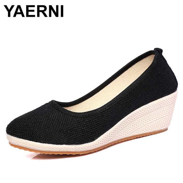 

yaerni women pure color vintage wedge pumps round toe casual lady mid heel slip-on walking shoes closed toe espadrilles, Black