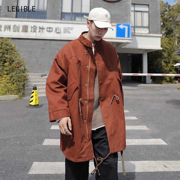 

legible autumn new casual trench coat men brand fashion medium long sleeve solid pocket trench jacket men loose windbreaker, Tan;black