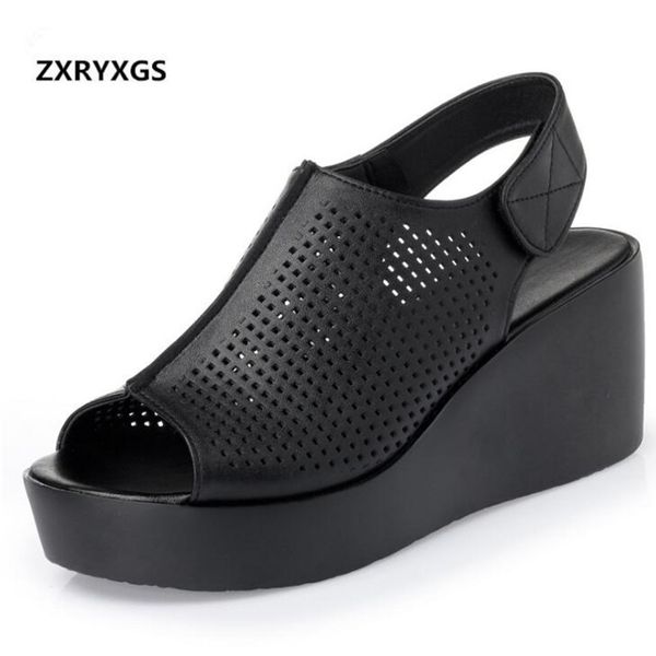 

elegant comfort thick-soled wedges sandals women shoes 2020 new hollow summer genuine leather sandals wild cool fashion, Black