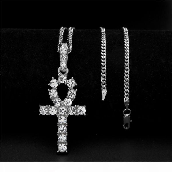 

hip hop silver gold ankh egyptian jewelry bling rhinestone crystal key to life egypt cross necklace cuban chain
