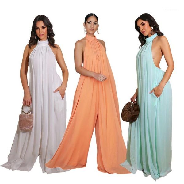 

designer clothes womens loose jumpsuits halter backless jumpsuits casual natural color sleeveless full length rompers womens, Black;white