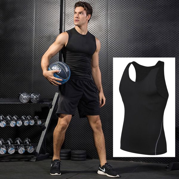 

men running vest sports fitness compression t-shirts tank fitness workout slimming body shaper tights sport shirt underwear, Black;blue