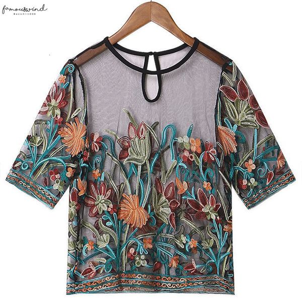 

womens ladies short sleeve mesh round neck embroidery mesh shorts blouse camisas mujer blusas mujer de moda blouses for woman, White