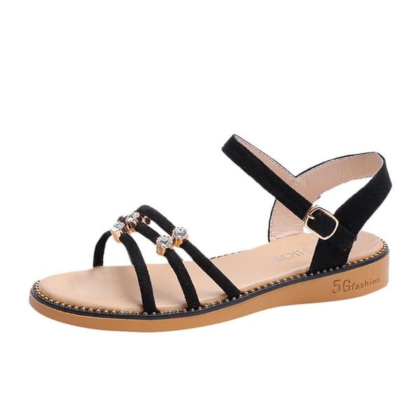 

women rhinestone sandals flat bohemian cutout women sandals flat casual summer soft and comfortable fish mouth shoes rhinestone, Black