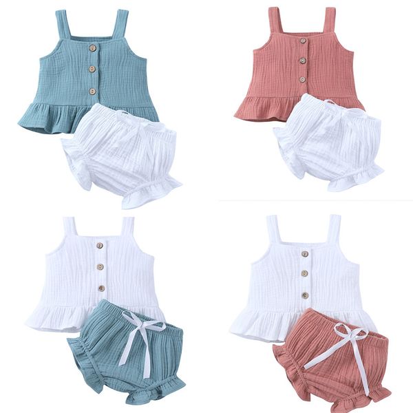 

2020 summer baby girl clothing 2pcs infant newborn baby girls clothes set outfits ruffled striped sleeveless + short pant, White