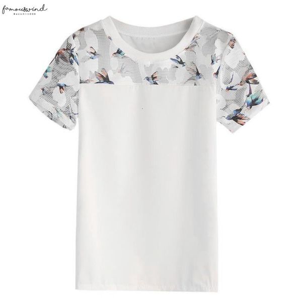 

2020 bird printed mesh blouse women summer casual white blouses and fashion round neck short sleeve blouse