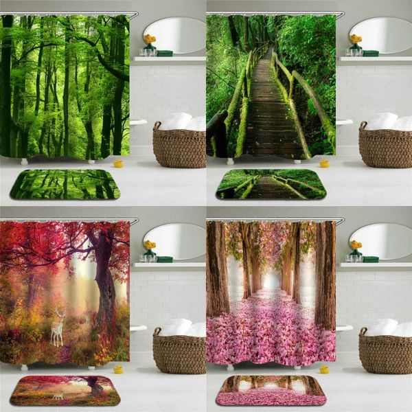 

2pcs/set green forest trees scenery shower curtains mat set bathroom waterproof cloth + non-slip mat toilet bathroom home decor