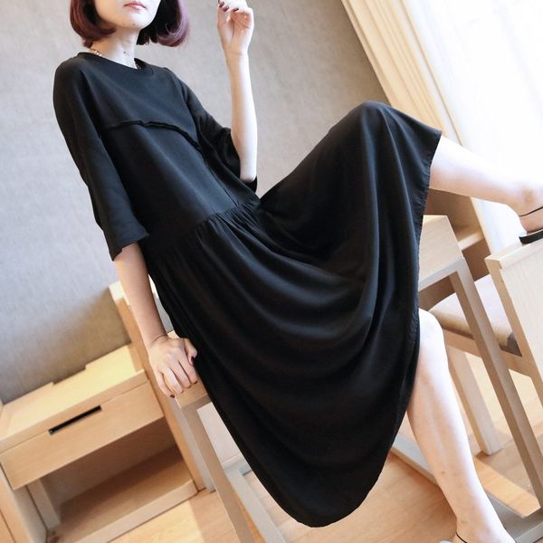 

жир сестра черное платье для женщин 2020 сыпучие платье длинное skirtnew средней длины похудения большой качели длинная юбка в складку свобо, Black;gray