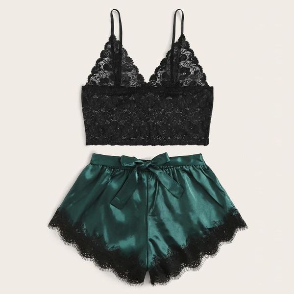 

women's sleepwear women floral lace bralette bowknot satin shorts pajamas sets femme lingerie pyjamas women#t2, Black;red