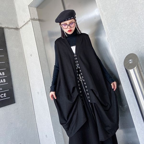 

средняя длина жилет свободно без рукавов v-образного вырез жилета женской внешней одежда большого размер жилета женского кардиган пальто, Black;white