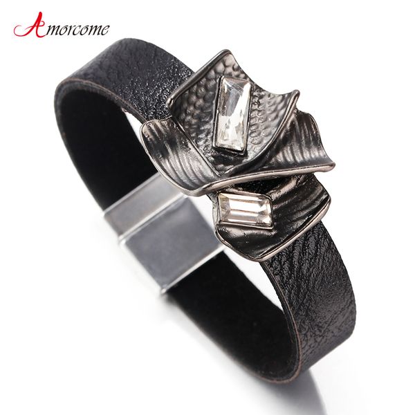 

amorcome brand designer leather bracelet women jewelry 2020 elegant crystal metal charm ladie wide wrap bracelets female jewelry, Golden;silver