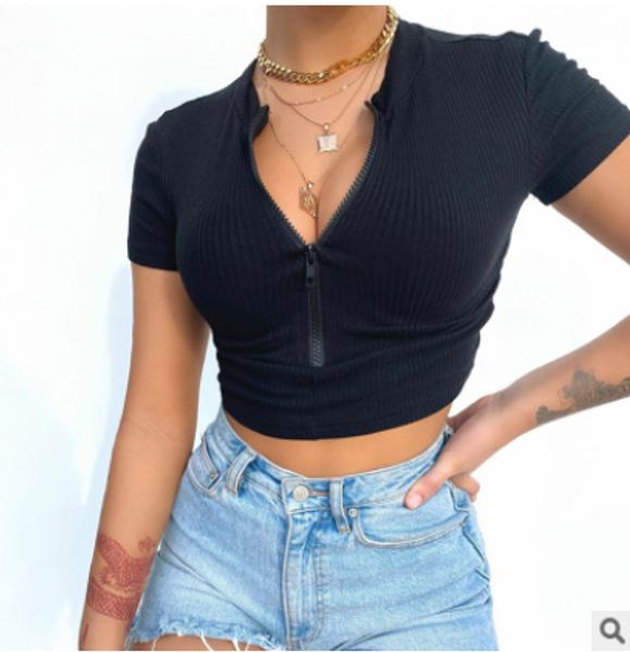 

women knit crop popular zip v neck short sleeve short t-shirt tee blouse, White;red