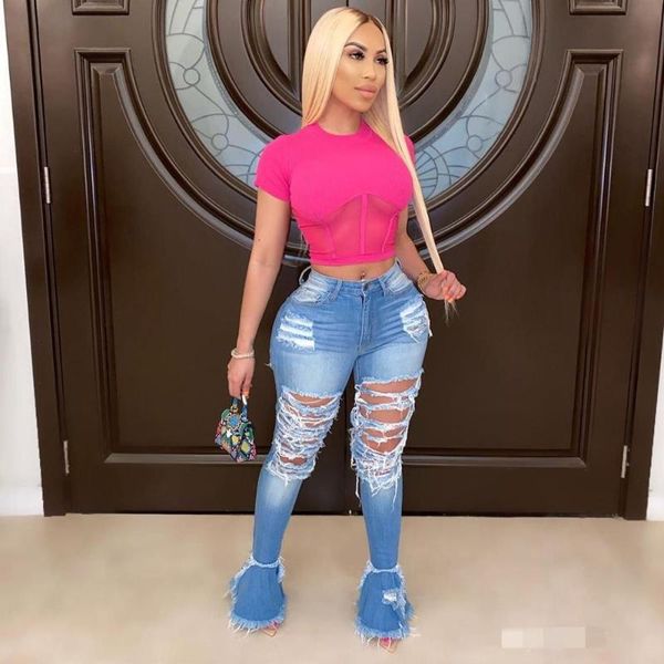 

echoine flare denim pants ripped jeans fringe hollow out ruffle high waist bodycon hole women trousers club outfits, Blue