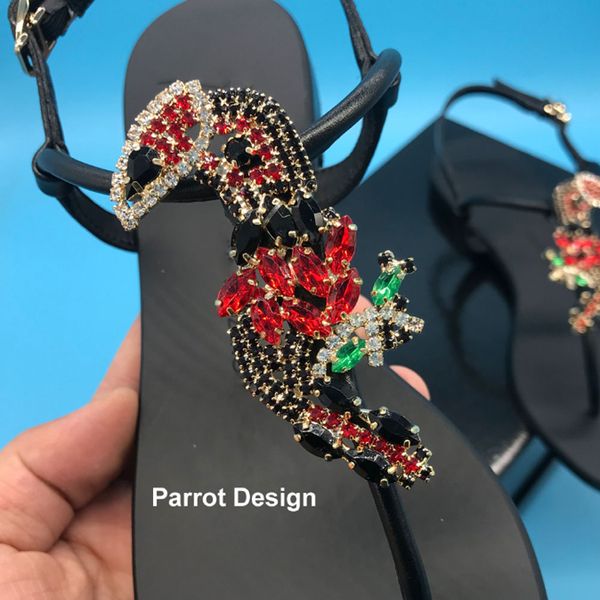 

лето нового прибытия сандалии parrot стразы дизайн женщины натуральная кожа strappy квартира сандалия g037, Black