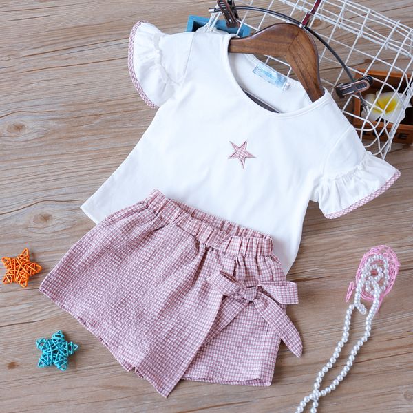 

humor bear baby girl clothes suit brand new summer star printing toddler girl clothes t-shirt +waistband pantskirt suit 2-6y t200713, White
