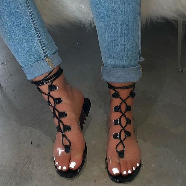 

2020 women transparent sandals summer lace up open toe beach flat sandals ladies clear ankle strap gladiator female jelly shoes, Black