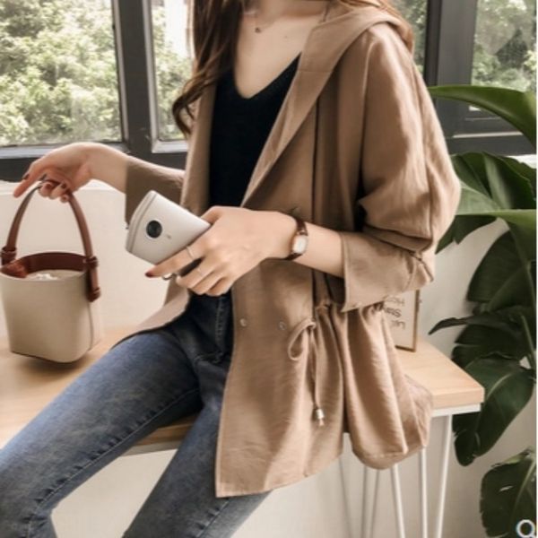 

4avtk early spring windbreaker women's new 2020 korean style loose bf hooded trench coat women's mid-length slim fit long sleeve c, Tan;black