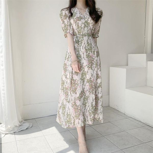 

print lacing elegant women long dresses summer slim v-neck short sleeve loose dress korean style fashion chic 2020 new, Black;gray